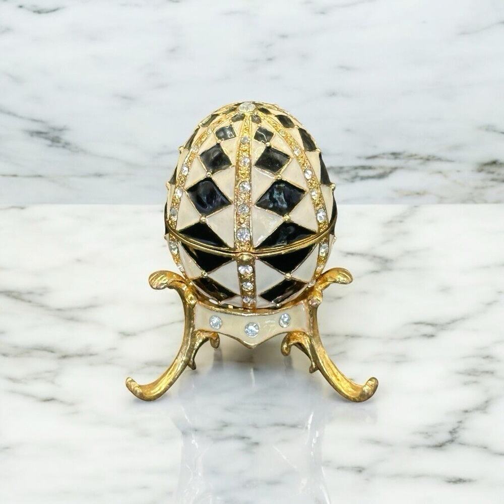 Harlequin Enameled Trinket Box Egg Shaped Black White Crystals w/ Stand